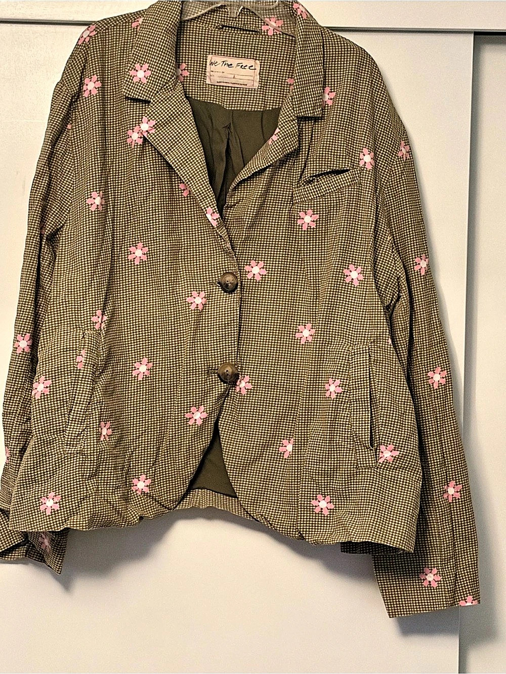 We The Free Floral Checkered Blazer in Green & Pink Size Large Like New